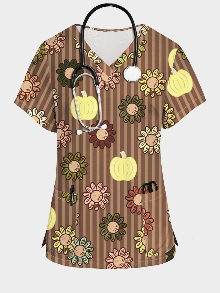 PopScrub Vintage Pumpkin Floral Cartoon Print Brown & Yellow Women's Nurse Uniform Top, V-Neck Short Sleeve With Dual Pockets And Side Slit Design, Fashionable Workwear For All Seasons, Cute Scrub Top, Uniform, Halloween Costume - Multicolor - View 1