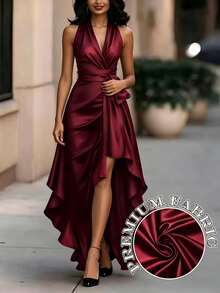 SHEIN LUNE Women's Midnight Elegant Satin Backless Sleeveless Ruffle Dress, Suitable For Evening Parties, Festivals, And Everyday Wear. - Burgundy - View 4