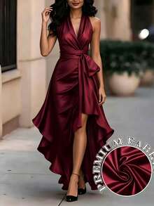 SHEIN LUNE Women's Midnight Elegant Satin Backless Sleeveless Ruffle Dress, Suitable For Evening Parties, Festivals, And Everyday Wear. - Burgundy - View 3