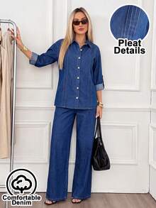 Easowa Ensemble 2 pièces pour femme avec chemise à manches longues à simple boutonnage et jean droit, ensemble denim confortable pour la maison, chemise avec détails plissés, pour soirée - Bleu azur - Voir 5