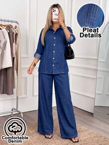 Easowa Ensemble 2 pièces pour femme avec chemise à manches longues à simple boutonnage et jean droit, ensemble denim confortable pour la maison, chemise avec détails plissés, pour soirée - Bleu azur - Voir 2
