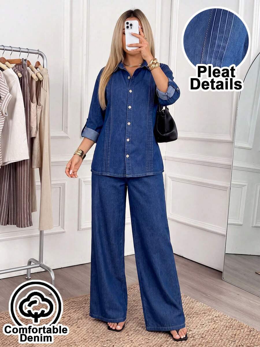 Easowa Ensemble 2 pièces pour femme avec chemise à manches longues à simple boutonnage et jean droit, ensemble denim confortable pour la maison, chemise avec détails plissés, pour soirée