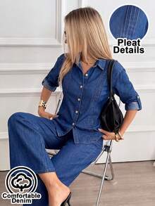 Easowa Ensemble 2 pièces pour femme avec chemise à manches longues à simple boutonnage et jean droit, ensemble denim confortable pour la maison, chemise avec détails plissés, pour soirée - Bleu azur - Voir 7