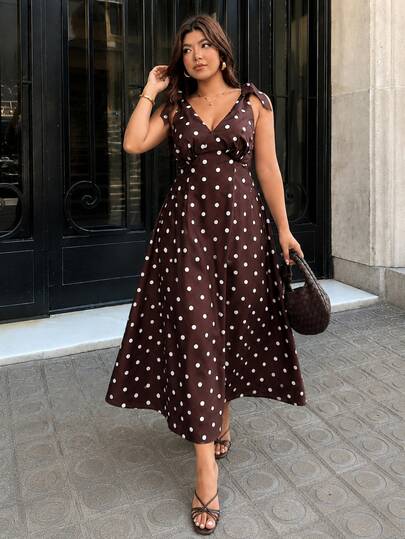 Vionelle Summer Rust Brown Polka Dot V-Neck Tie Bow Spaghetti Strap Fitted Waist A-Line Elegant 90s Sexy Plus Size Women Dress Romantic Date Brunch Vacation