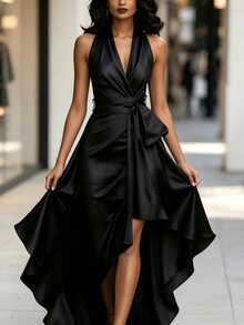 SHEIN LUNE Vestido de satén elegante sin espalda y sin mangas con volantes, adecuado para fiestas de noche, festivales y uso diario. - Negro - Ver 3