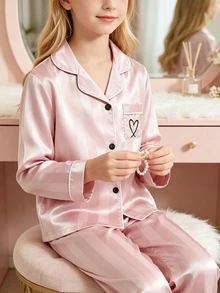 Girls 2pcs Pajamas Set, Champagne Striped Long Sleeve Cardigan & Long Pants, Casual Loungewear - Dusty Pink - View 4