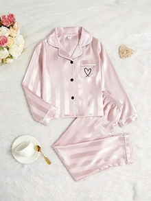 Girls 2pcs Pajamas Set, Champagne Striped Long Sleeve Cardigan & Long Pants, Casual Loungewear - Dusty Pink - View 5