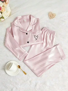 Girls 2pcs Pajamas Set, Champagne Striped Long Sleeve Cardigan & Long Pants, Casual Loungewear - Dusty Pink - View 6