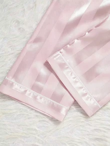 Girls 2pcs Pajamas Set, Champagne Striped Long Sleeve Cardigan & Long Pants, Casual Loungewear - Dusty Pink - View 8