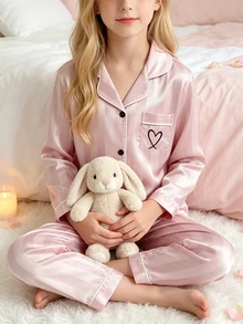 Girls 2pcs Pajamas Set, Champagne Striped Long Sleeve Cardigan & Long Pants, Casual Loungewear - Dusty Pink - View 3