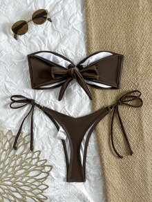 Swim Basics Bộ Bikini Đơn Giản Hàng Ngày Màu Trơn Cho Nữ (Hai Mảnh) Đi Biển Mùa Hè - Cà phê nâu - Xem 6