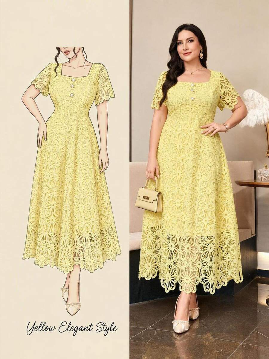 Reflora Plus Size Elegant Solid Color Lace Dress Wedding Formal Christening Guest Yellow Summer