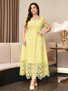 Reflora Plus Size Elegant Solid Color Lace Dress Wedding Formal Christening Guest Yellow Summer - Yellow - View 4