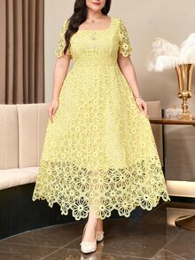 Reflora Plus Size Elegant Solid Color Lace Dress Wedding Formal Christening Guest Yellow Summer - Yellow - View 6
