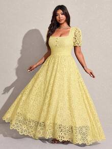 Reflora Plus Size Elegant Solid Color Lace Dress Wedding Formal Christening Guest Yellow Summer - Yellow - View 10