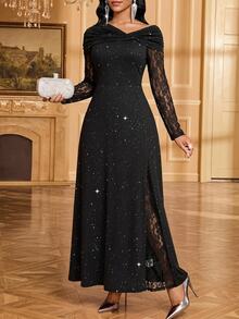 SHEIN Lady Women's Asymmetrical Neckline Contrast Lace Long Sleeve Elegant Dress - Matte Black - View 6