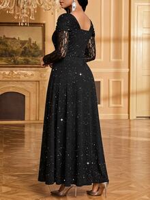 SHEIN Lady Women's Asymmetrical Neckline Contrast Lace Long Sleeve Elegant Dress - Matte Black - View 2