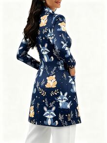 PopScrub Women's Fun Design Raccoon Plant Print Navy Blue Fashion Stand Collar Long Sleeve Scrub Jacket, Double Pocket Patchwork Zipper Nurse Top - Multicolor - View 3