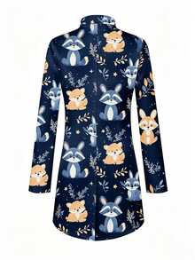 PopScrub Women's Fun Design Raccoon Plant Print Navy Blue Fashion Stand Collar Long Sleeve Scrub Jacket, Double Pocket Patchwork Zipper Nurse Top - Multicolor - View 2