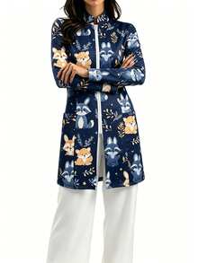 PopScrub Women's Fun Design Raccoon Plant Print Navy Blue Fashion Stand Collar Long Sleeve Scrub Jacket, Double Pocket Patchwork Zipper Nurse Top - Multicolor - View 4