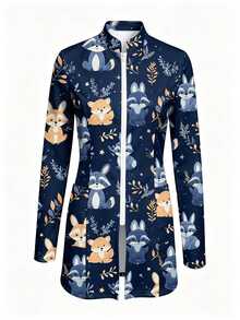 PopScrub Women's Fun Design Raccoon Plant Print Navy Blue Fashion Stand Collar Long Sleeve Scrub Jacket, Double Pocket Patchwork Zipper Nurse Top - Multicolor - View 1