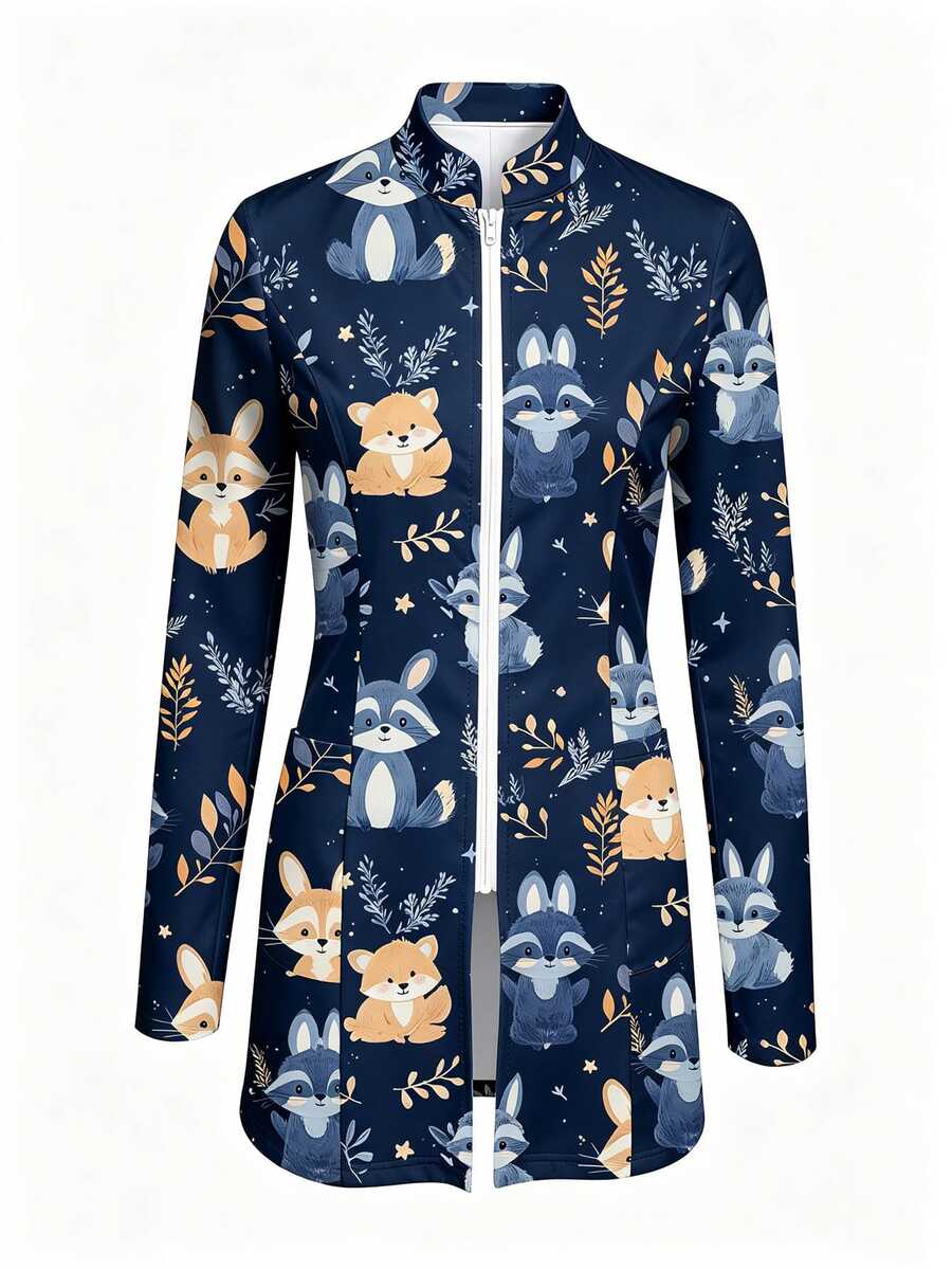PopScrub Women's Fun Design Raccoon Plant Print Navy Blue Fashion Stand Collar Long Sleeve Scrub Jacket, Double Pocket Patchwork Zipper Nurse Top - Multicolor - View 1