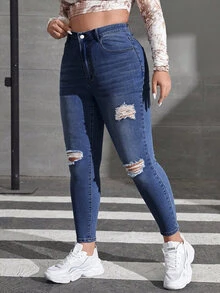 SHEIN ICON 大码休闲水洗做旧修身牛仔裤 - 深色水洗藍 - 查看 4
