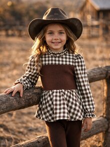 Emery Rose Kids Emery Rose Kids 女童小女孩針織與梭織格紋立領休閒襯衫與喇叭褲兩件套 - 咖啡棕 - 查看 4
