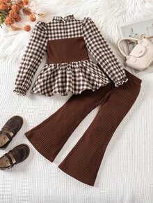 Emery Rose Kids Emery Rose Kids 女童小女孩針織與梭織格紋立領休閒襯衫與喇叭褲兩件套 - 咖啡棕 - 查看 7