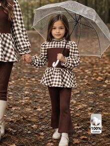 Emery Rose Kids Emery Rose Kids 女童小女孩針織與梭織格紋立領休閒襯衫與喇叭褲兩件套 - 咖啡棕 - 查看 2