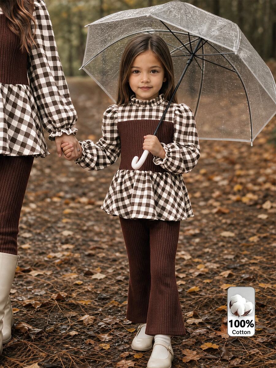Emery Rose Kids Emery Rose Kids 女童小女孩針織與梭織格紋立領休閒襯衫與喇叭褲兩件套 - 咖啡棕 - 查看 1