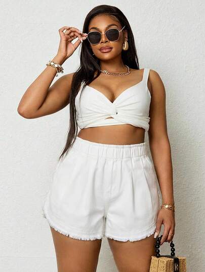 SHEIN SXY شورتات جينز مغسولة بشدة لملابس الشارع الأمريكية المقاسات الكبيرة