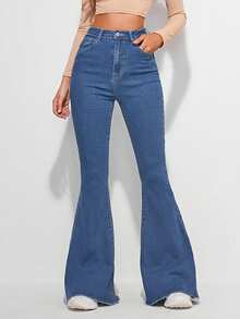 EMERY ROSE Plus Size Women High Waist Pockets Casual Skinny Flare Jeans - Medium Wash - View 1