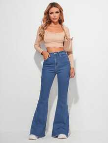 EMERY ROSE Plus Size Women High Waist Pockets Casual Skinny Flare Jeans - Medium Wash - View 5