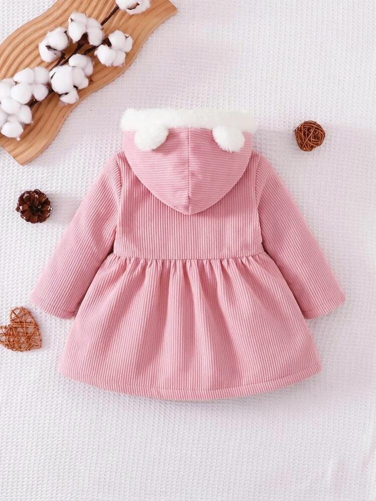 SHEIN Baby Girls Hooded Jacket Coat Cute Sweet Pink Bunny Ear Corduroy Fuzzy Plush Lining Flared Hem Long Sleeve Hooded Thick Holiday Winter Christmas Fall - Coral Pink - View 2