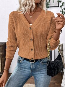 Calvaya Versatile V-Neck Cardigan Sweater, Loose Casual Simplistic Open Front Knit Jacket For Women Fall Winter Cloth For Women - Rust Brown - View 7