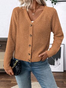 Calvaya Versatile V-Neck Cardigan Sweater, Loose Casual Simplistic Open Front Knit Jacket For Women Fall Winter Cloth For Women - Rust Brown - View 4