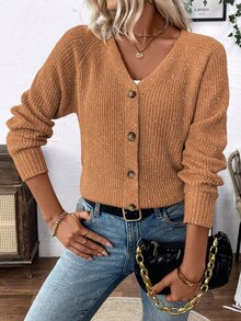 Calvaya Versatile V-Neck Cardigan Sweater, Loose Casual Simplistic Open Front Knit Jacket For Women Fall Winter Cloth For Women - Rust Brown - View 3