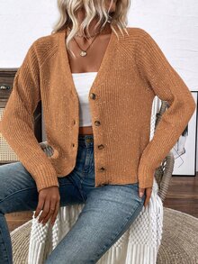 Calvaya Versatile V-Neck Cardigan Sweater, Loose Casual Simplistic Open Front Knit Jacket For Women Fall Winter Cloth For Women - Rust Brown - View 5