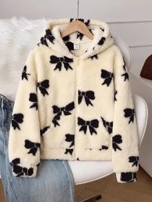 SHEIN 青少年女孩極簡風人造毛皮外套，適合派對與戶外穿著，秋冬款 - 白色 - 查看 9