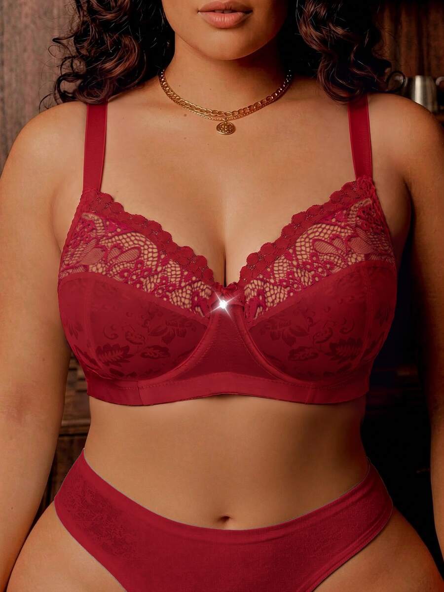 Divavoom Plus Size Lace Patchwork Underwire Bra, 1pc - Red - View 1