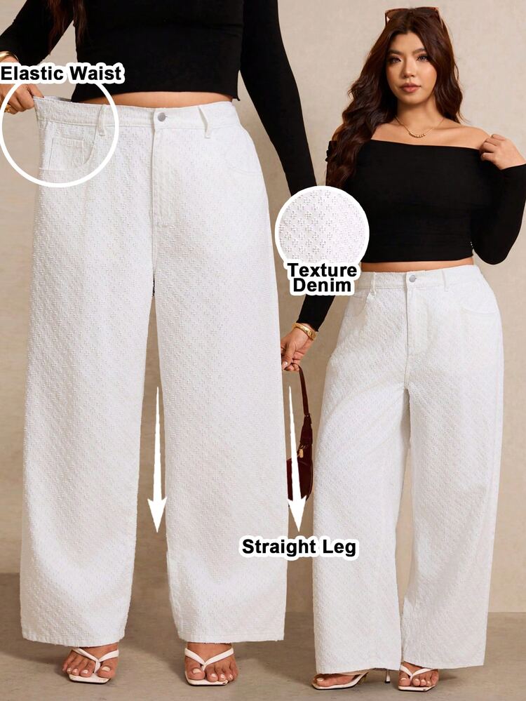 Elaquor Plus Size Casual Versatile Solid Color Denim Jeans, Casual Versatile White Jeans, Casual Jeans, Luxury Outfits For Women, Beach Vacation Summer Wear - White - View 3