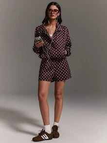 Athîral 女款棕色與白色波點兩件套，鈕扣前襟夾克、高腰短褲，復古休閒秋季冬季日常穿著，辦公休閒 - 棕色 - 查看 6