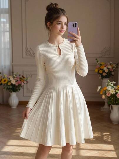 SHEIN Girlism Teen Girl Teen Girls Sweater Dresses Autumn/Winter Girls Pleated Elegant Knit Sweater Dress, Suitable For Autumn And Winter, Back To School Season, Clean Girl, Commute Elegant Dress