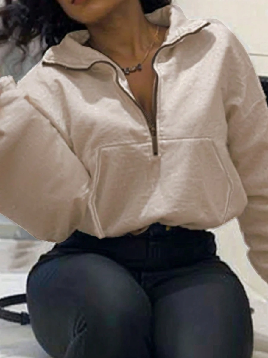 SHEIN 女款休閒純色立領半拉鍊短版運動衫長袖上衣 畢業季 教師 開學季 秋季 日常穿著 米色 - 卡其色 - 查看 1