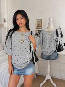 Lalippa Kaos Lengan Pendek Bahu Asimetris Motif Polkadot untuk Wanita Ukuran Besar - Putih - View 4