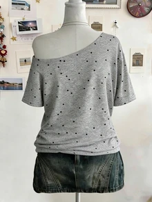 Lalippa Kaos Lengan Pendek Bahu Asimetris Motif Polkadot untuk Wanita Ukuran Besar - Putih - View 2