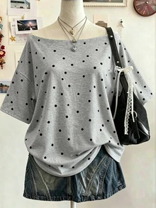 Lalippa Kaos Lengan Pendek Bahu Asimetris Motif Polkadot untuk Wanita Ukuran Besar - Putih - View 1