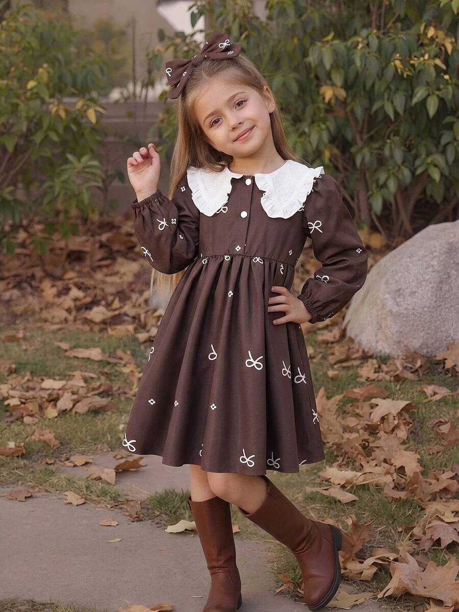 Girls Sweet Bow Pattern Printed Pleated Button Princess Dress Fall, Casual Daily Wear - Multicolor - View 1