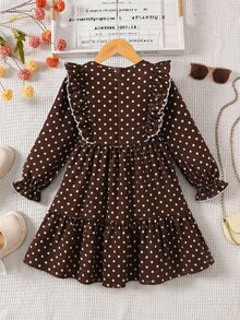 Emery Rose Kids Emery Rose Kids Tween女孩雙胞胎女孩法式風格燈芯絨洋裝，寬鬆休閒版型，格紋圖案，荷葉邊飾邊與荷葉袖設計，長袖，適合秋冬（也適合其他季節） - 棕色 - 查看 7